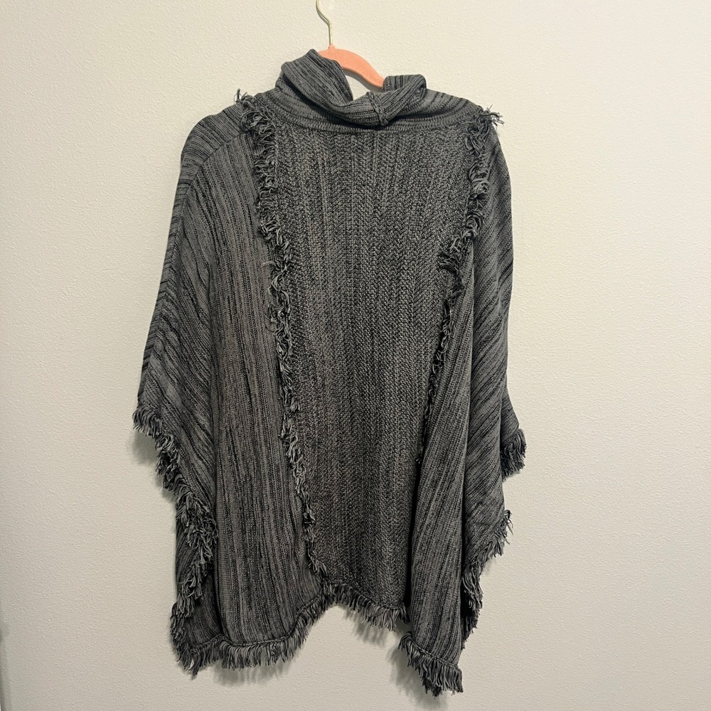 Ali Miles Womens Grey Marled Cowl Neck Fringe Trim Poncho Sweater L/XL - Picture 2 of 6